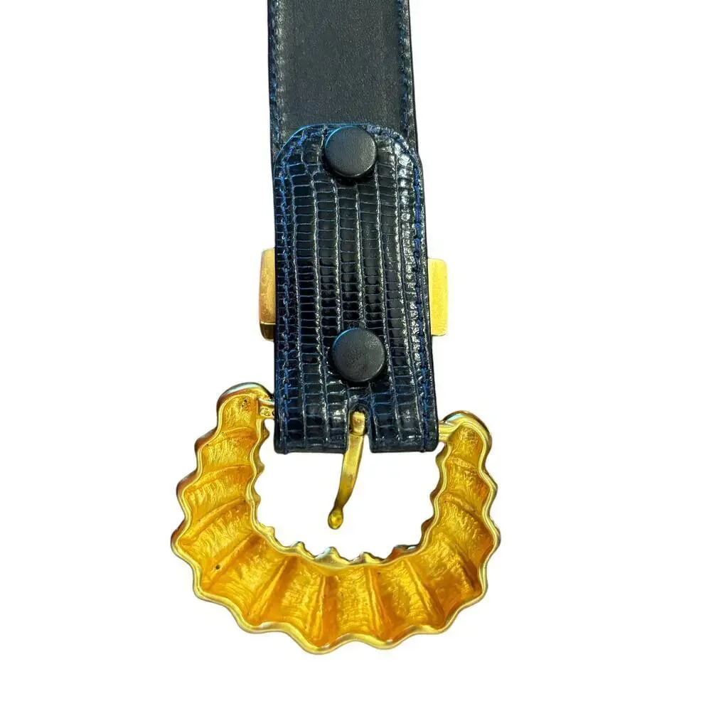 KLEINBERG SHERRILL Gold Tone Buckle with Black Snake Pattern Strap- Medium Large